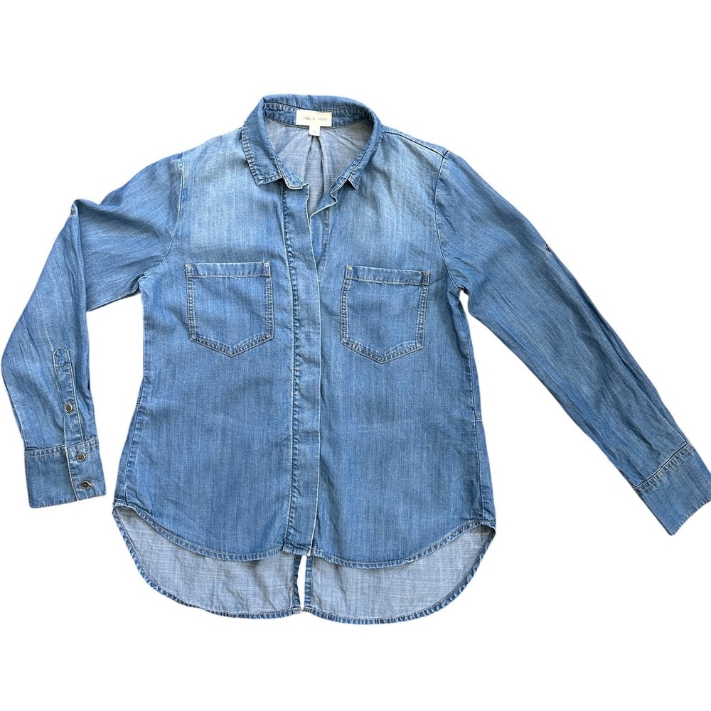 Cloth & Stone Button Down Shirt Wmns Medium Blue Tencel Lyocell Split Hem Denim